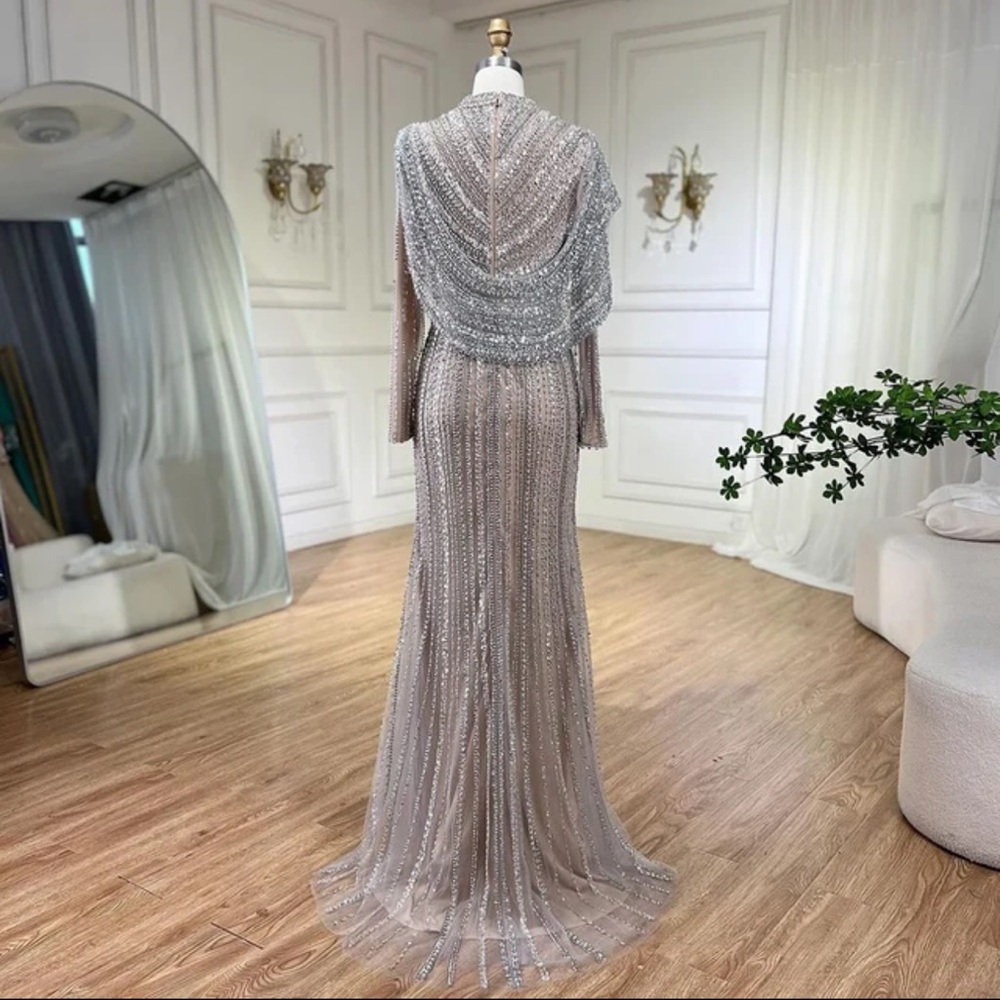 Dubai Arabia Muslim Modest Mermaid Long Cape Luxury Evening Dresses Gowns - Picture 3 of 8